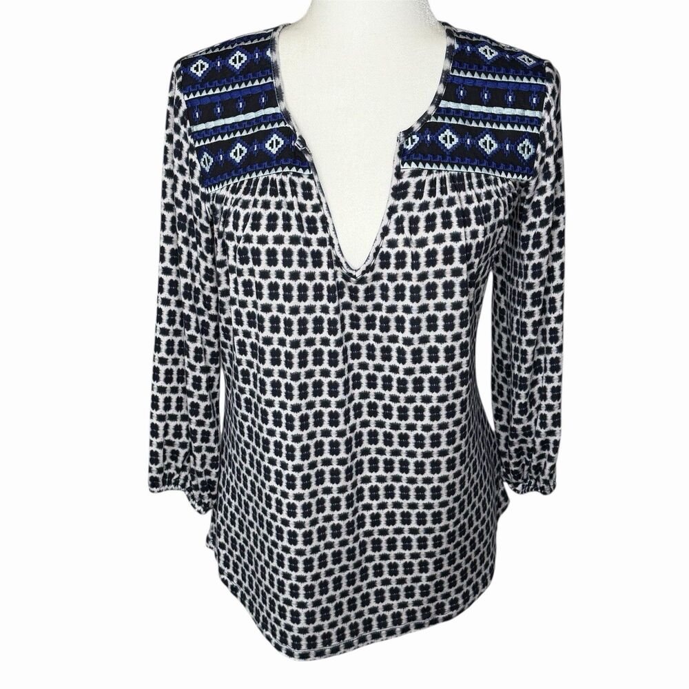 Sanctuary Blue‎ Geometric Blouse Size S Embroidered Shoulder Detail Modal Blend